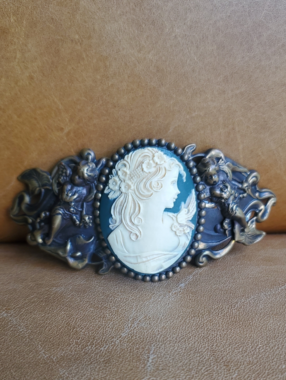 Vintage Cameo Hair Barette Clip Woman Bird Ornate Cherubs